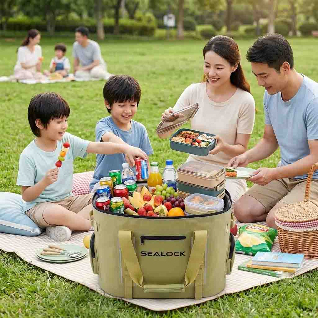 large cooler tote bag for family outings packed with food and drinks at a picnic large cooler tote bag for family outings packed with food and drinks at a picnic