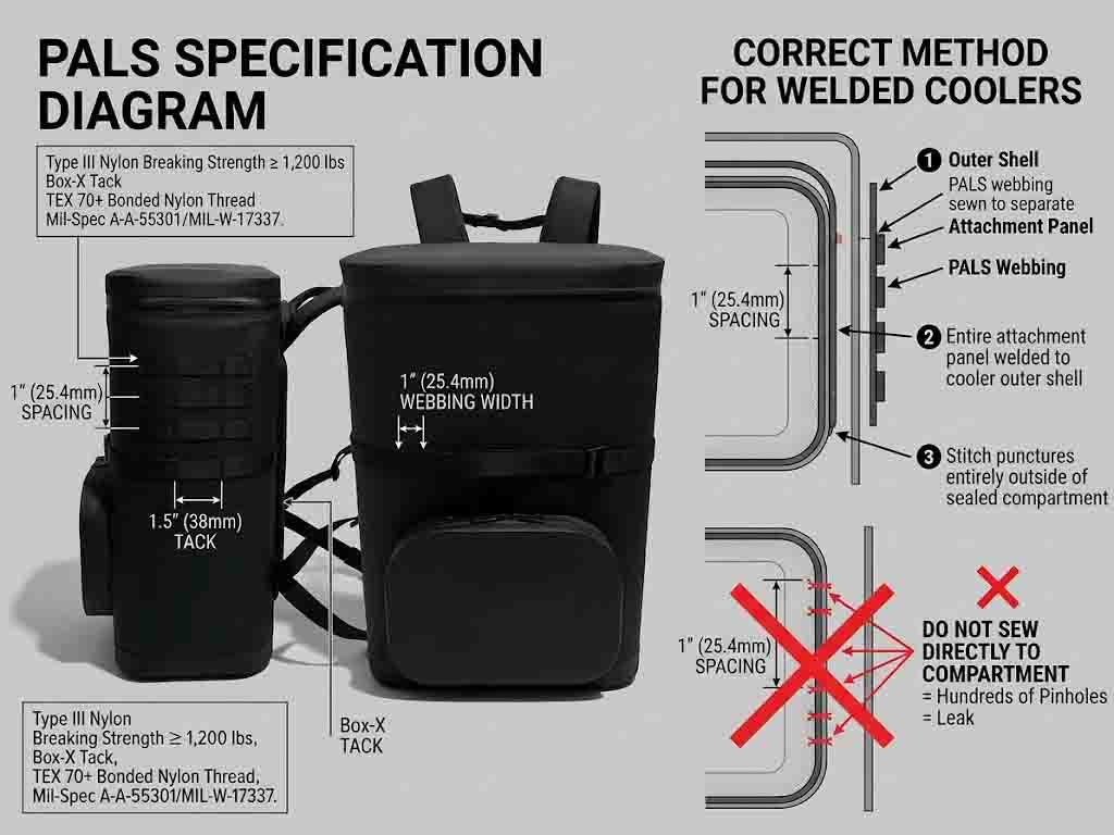 PALS webbing specification dimensions and how a MOLLE panel is welded onto a sealed cooler backpack without piercing the chamber